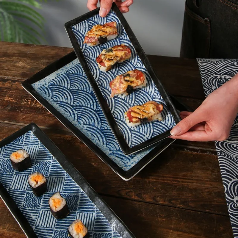 Ceramic Rectangular Plate Japanese Wave Pattern Long Plate Homemade Sashimi Snacks Sushi Dish Home Kitchen Supplies Tableware