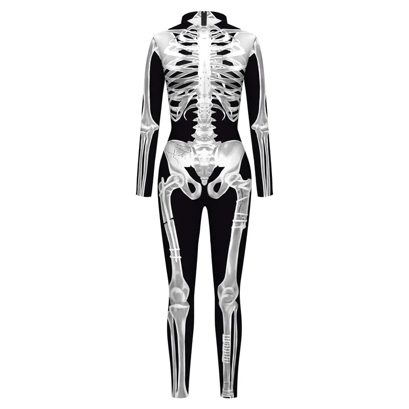 Men Halloween Skeleton Jumpsuit Zentai Suit Scary 3D Skull Cosplay Costume Halloween Carnival Disguise Punk Bodysuit Party Wear