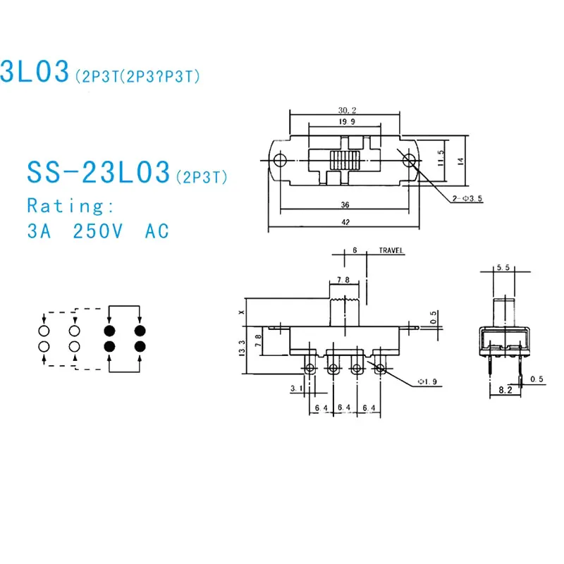 SS-23L03 three-speed toggle switch Double-row 8-pin 3-speed household appliances sliding high current handle 7mm