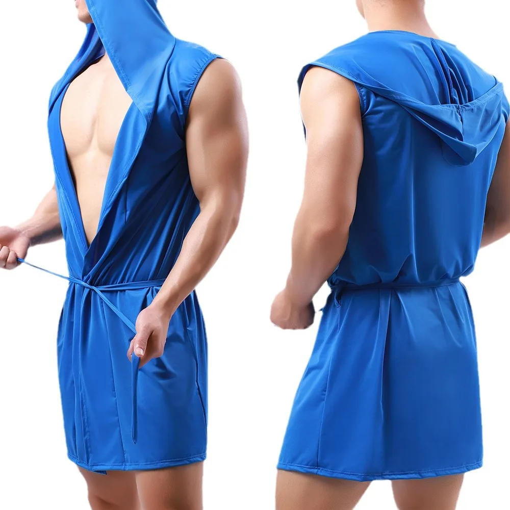 Albornoz de seda de leche suave para hombres, conjunto de ropa interior, camisón fino sin mangas, lencería inferior para el hogar, ropa de dormir para adolescentes, sombrero juvenil