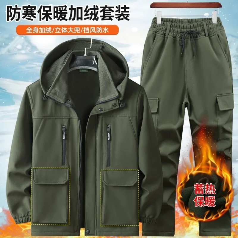 Men Fleece Lined Camo Jacket Pants Set Windproof Waterproof Wear Resistant Outdoor Hiking Ski Outfit