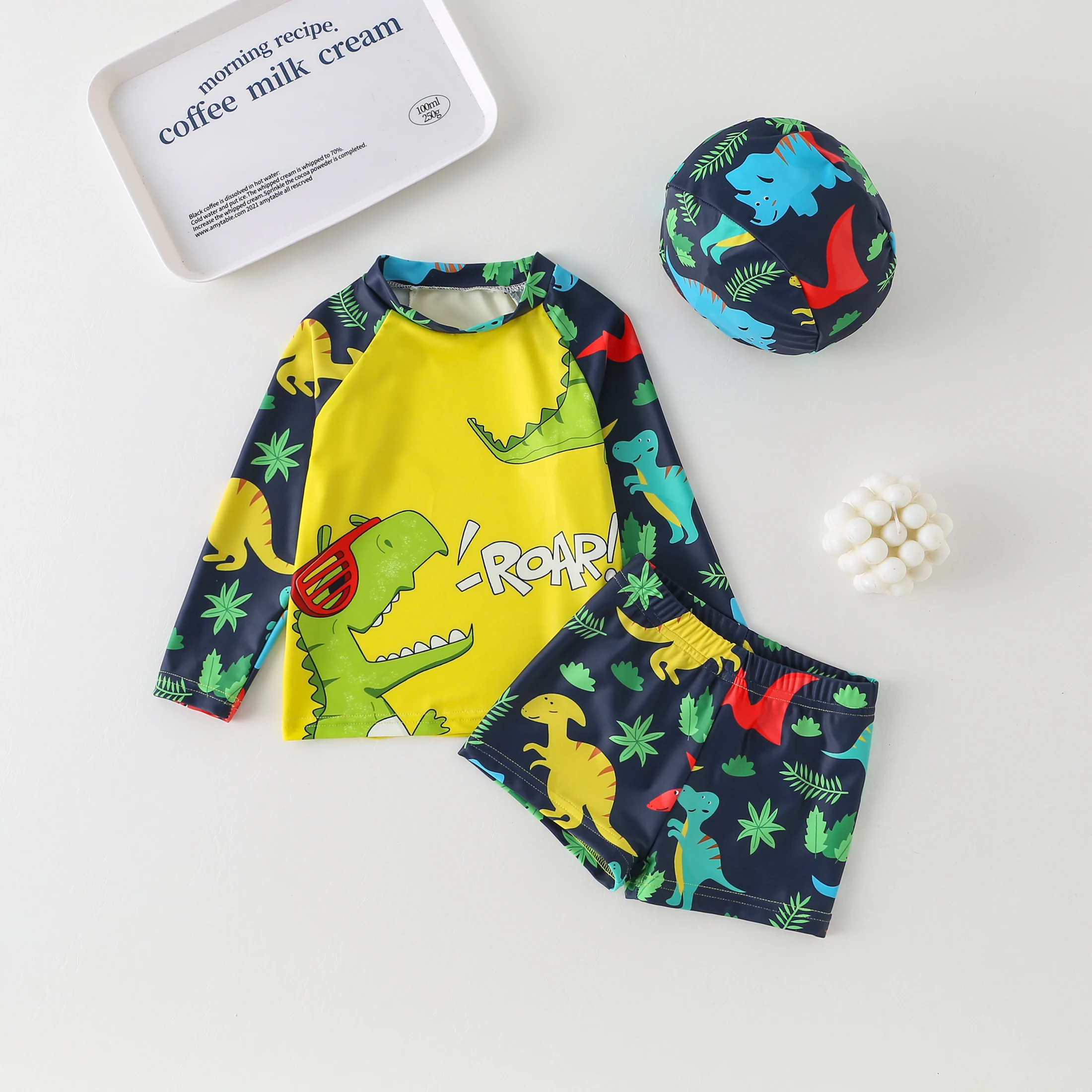 

Boys Swimsuit Baby Boys Sunsuit Long Sleeve+Short Pants+Hat 3-Pice Set Kids Bathing Suit Child Beach UV Protection Set Size 2-9Y