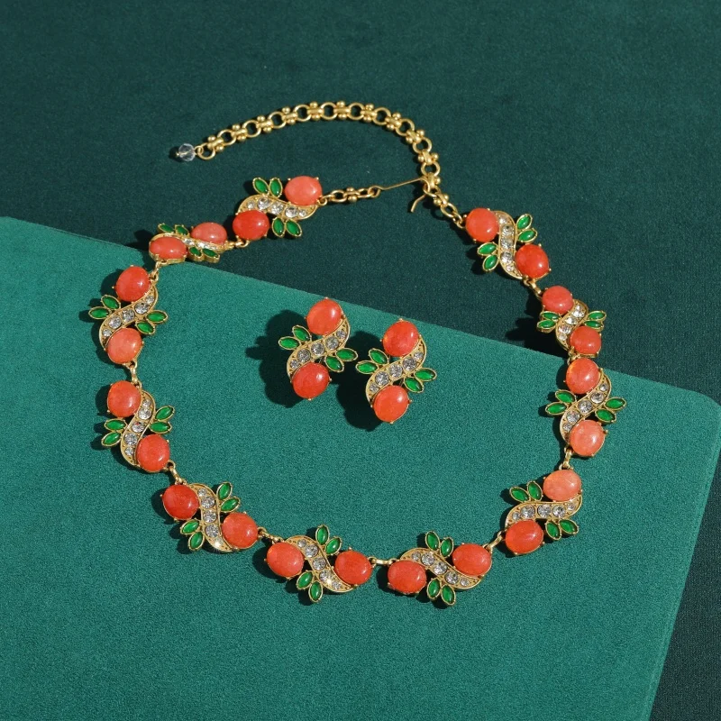 Vintage Pink Natural Stone Fruit Leaf Jewelry Accessories Sets For Woman Necklace Earring High Quality Luxury Trendy Gifts 2026
