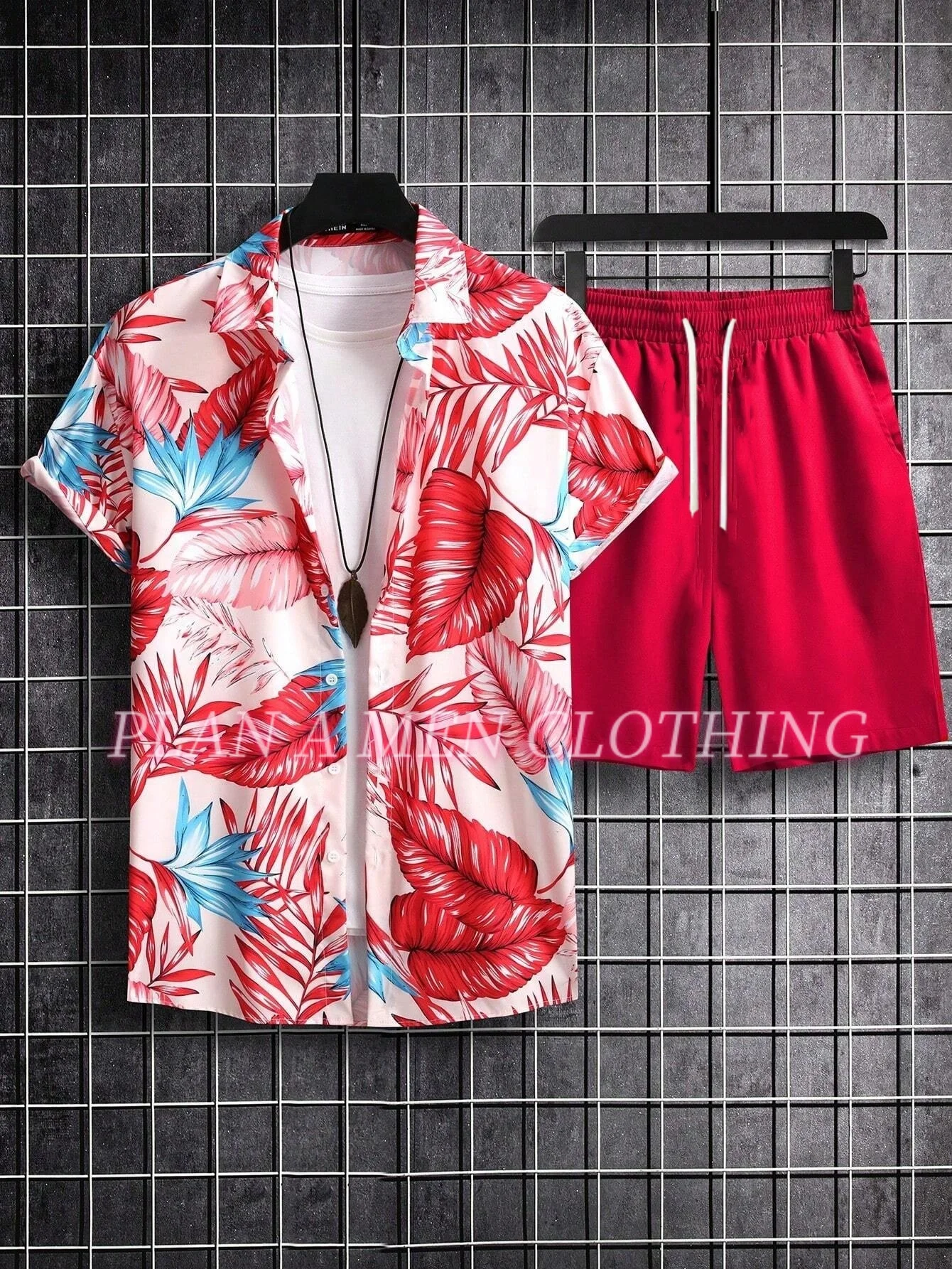 Vacation Casual Short-sleeved Shirt  Shorts Set Summer Men's Hawaii Shirt Set Palm Print Hawaiian Style Shirt Beach Pants Set