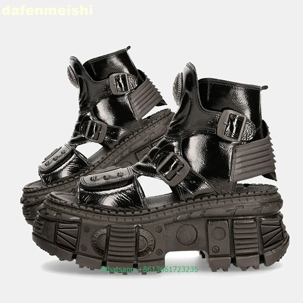 

Thick-Soled Rock Motorcycle Sandals Boots Women/men Metal Buckle Hollow Rivet Platform Patent Leather Gladiator Sandals Boots