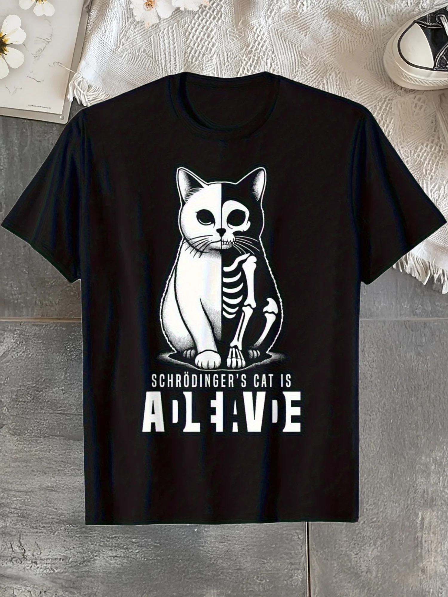 

Schrodingers Cat Is Alive Dead Quantum Physics Graphic Tee Casual Short Sleeve Cotton T-Shirt Unisex