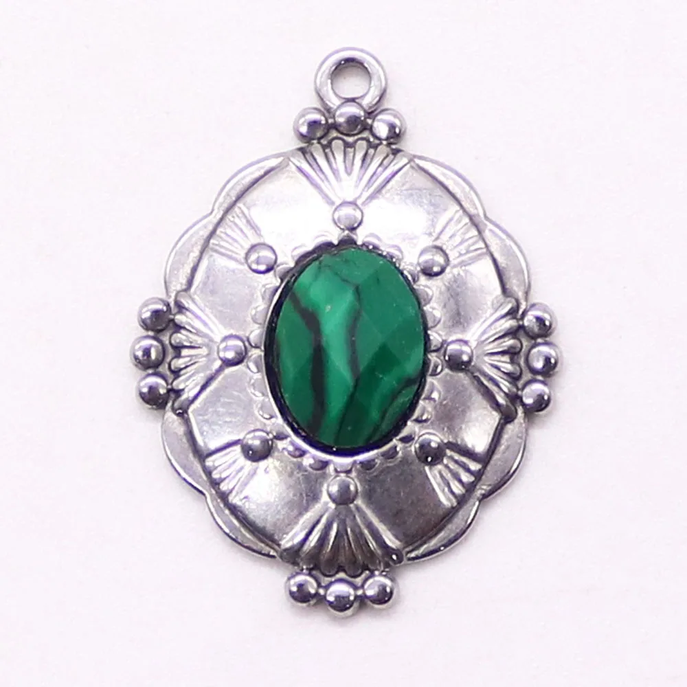 Oval Natural Stone Stainless Steel Pendant Inlaid Facet Amazonite Malachite Design Charms Accessory 1pc For DIY Necklace Jewelry