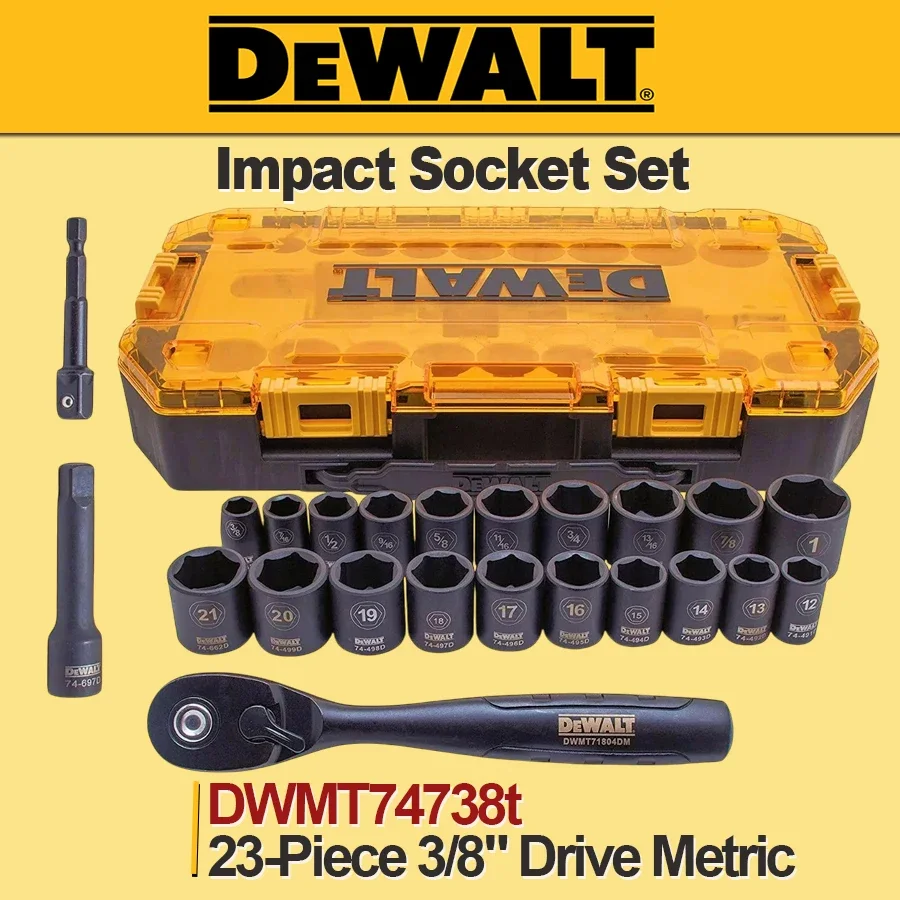 

Dewalt DWMT74738 Impact Socket Set with Impact Extensions 23-Piece 3/8" Drive Metric/SAE Socket Drive Drill Adapter Accessories