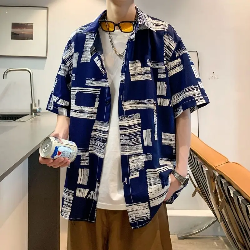 

Летняя мужская полосатая рубашка с коротким рукавом в гонконгском винтажном стиле, пляжная, трендовая, из полиэстера