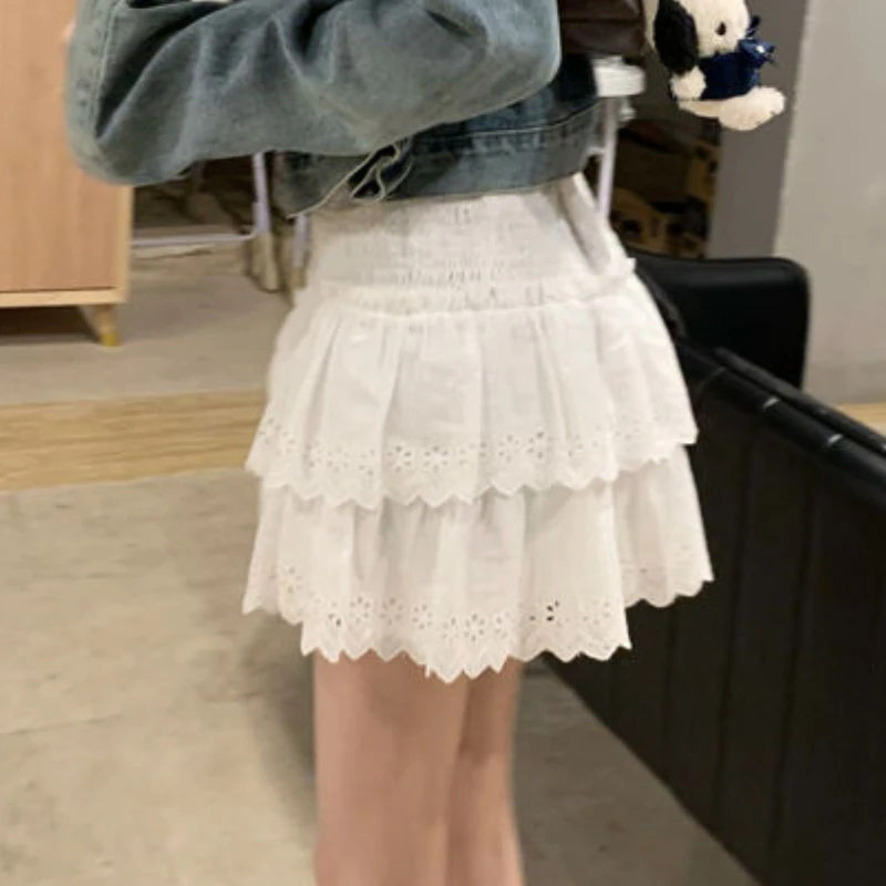 White Tierred Skirts Women Casual Fairycore Korean Style New Hotsweet Mini Ins Popular Summer All-match Literary Aesthetic Solid