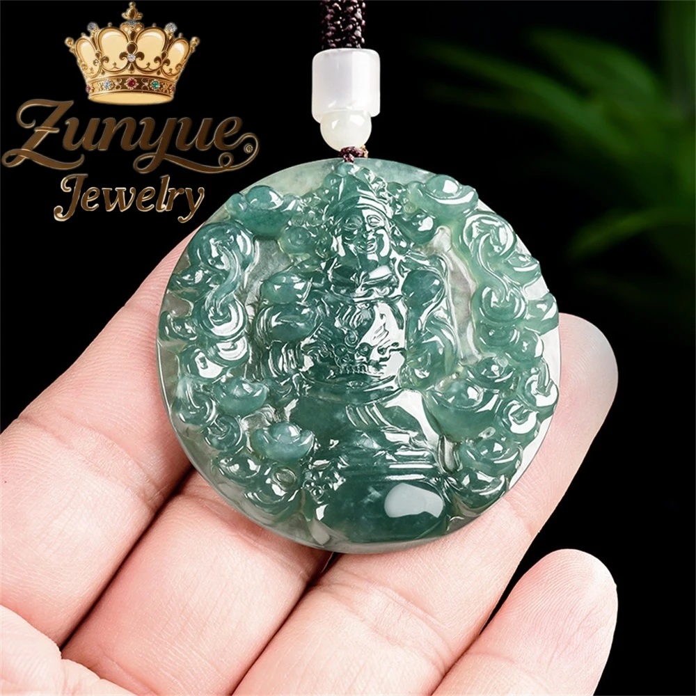Genuine Natural A - grade Jadeite Blue Water Ingots God Of Wealth Ice Type Jade Pendant, God Of Wealth Jade Pendant Charms Elega