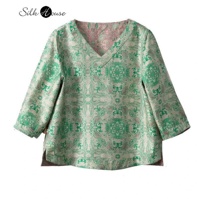 Natural Mulberry Silk Green Printed Fashion Top Song Jin Chinese Style V-neck Silk Jacquard Beautiful New Loose T-shirt