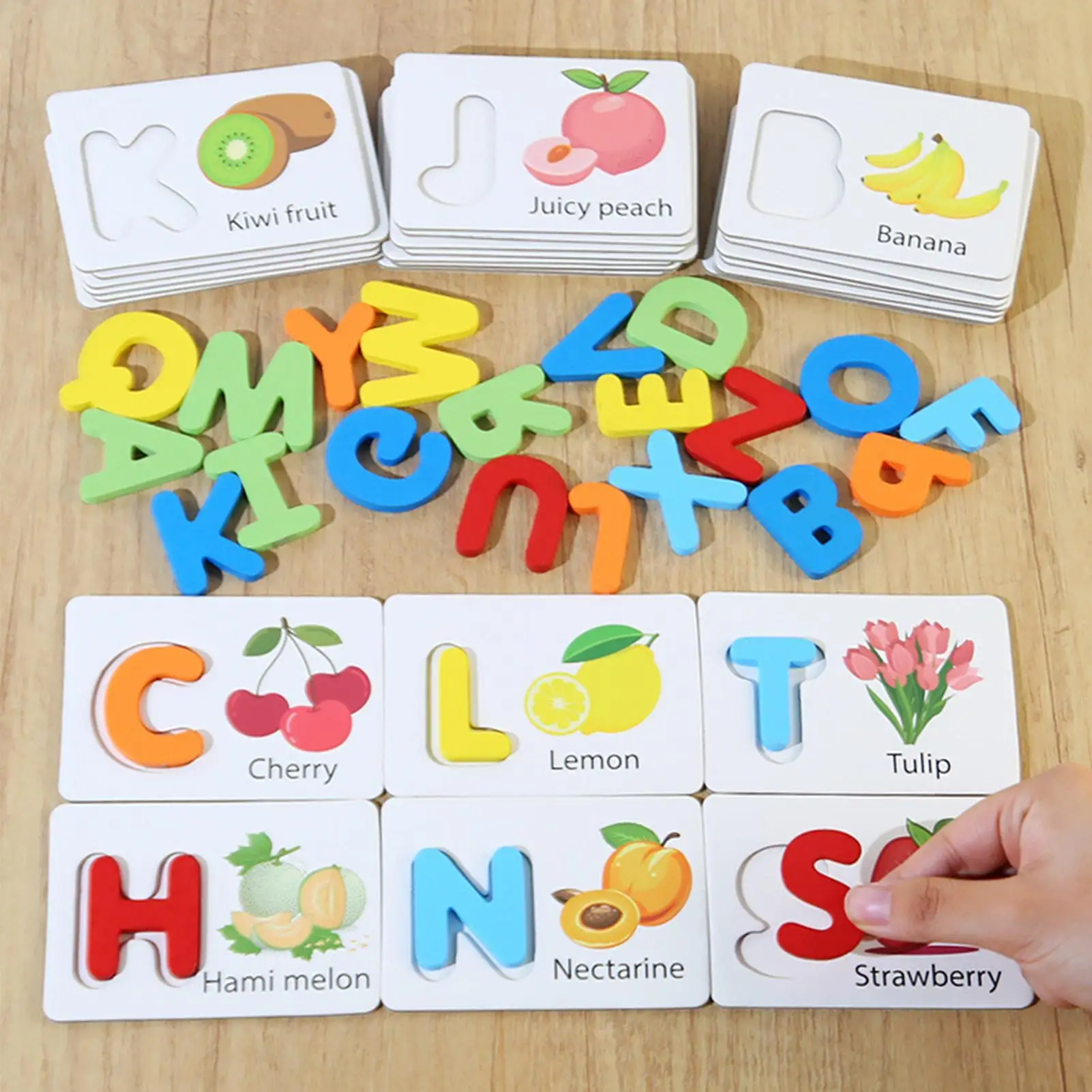 Houten spellingspel Educatief houten fruit Matching leeractiviteiten Zie en spreuk leerspel voor kleuterklas
