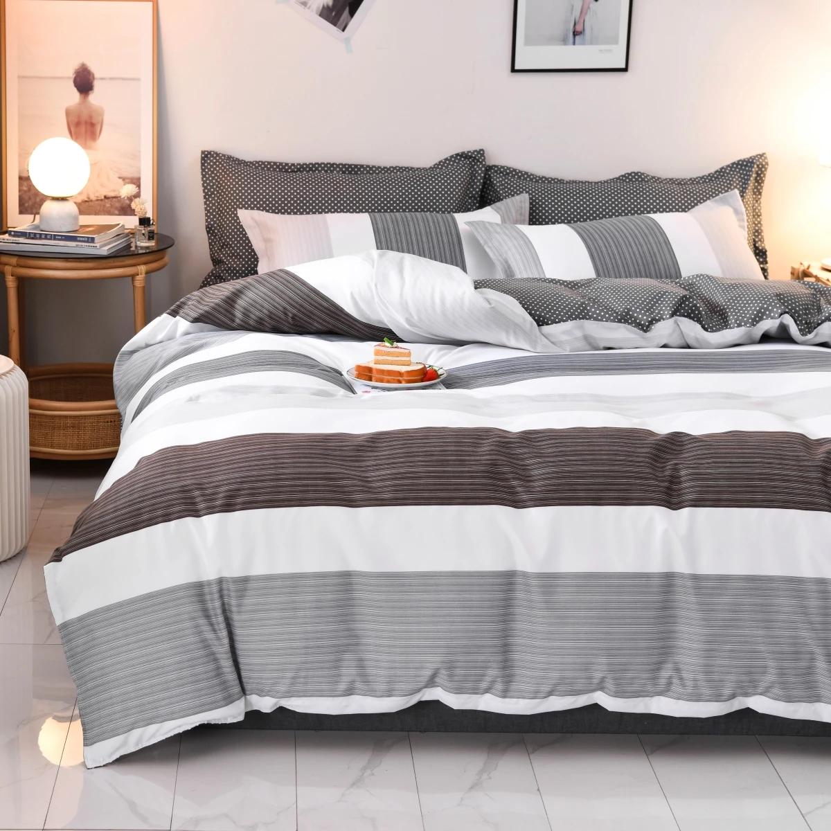 3PCS Geometric Duvet Cover Set Modern Classic Stripe Bedding Set Queen King Size Soft Comforter Cover with Double Sided Pattern