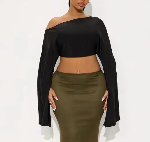 

Women's Autumn and Winter Off Shoulder, Can Be Slung Diagonally, with Open and Loose Sleeves, Exposed Waist, Pullover, Shawl Top