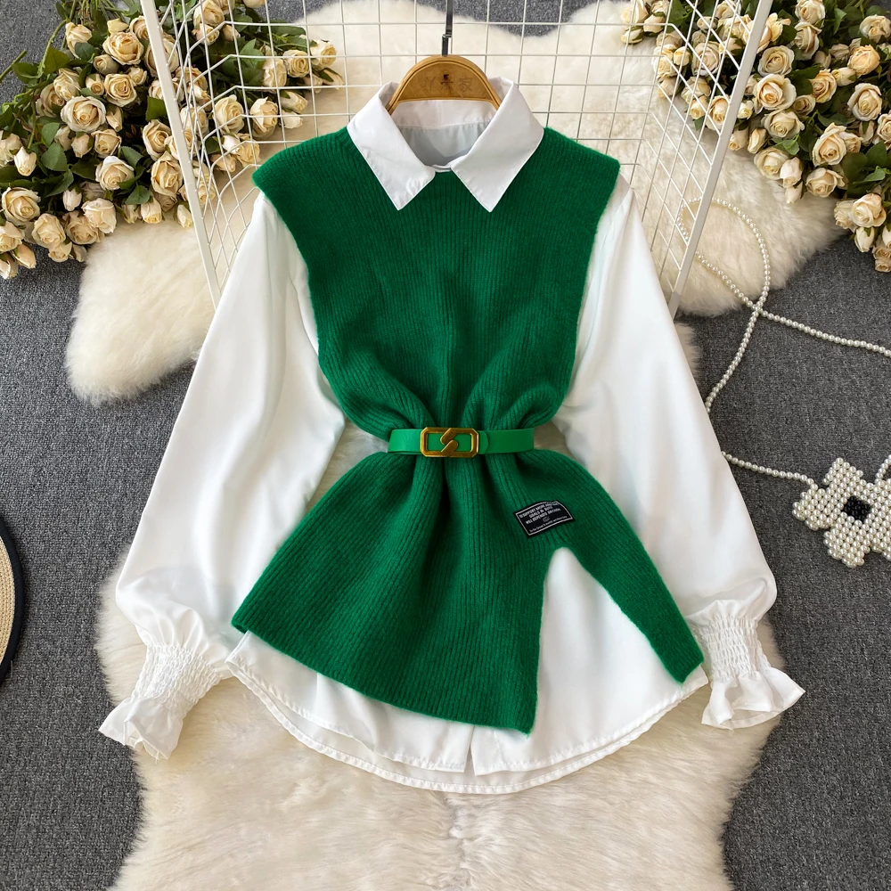 Nomikuma Korean 2Pieces Belt Slim Waist Top Sets Causal O-neck Split Sweater Knitted Vest + Long Sleeve Turn-down Collar Blouse