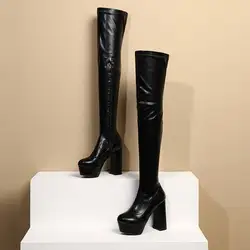 Tacchi spessi stivali sopra il ginocchio donna tacco Super alto mezza cerniera stivali alti alla coscia piattaforme Goth scarpe con punta tonda donna