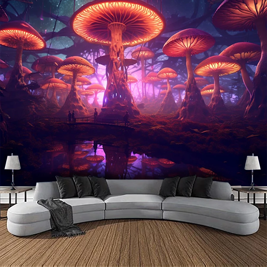 1PC Digital Printed Tapestry Wall Hanging, Red Glowing Mushroom Forest Lake, Psychedelic Trippy Fantasy Wall Decor