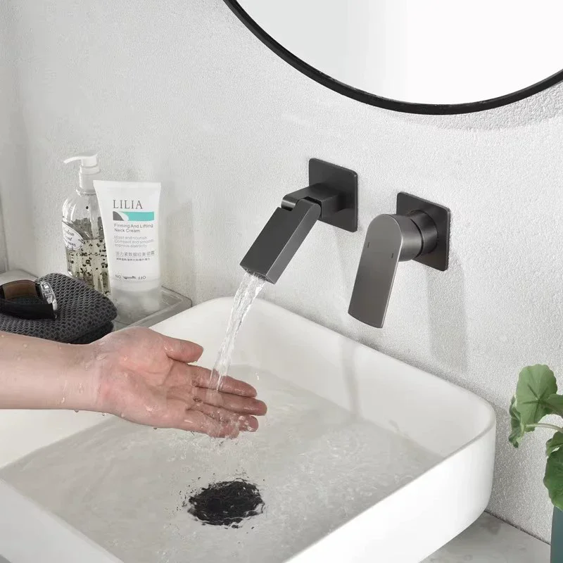 

Bathroom Basin Faucet Brush Gold Sink Mixer Tap Hot & Cold Black Gold Lavatory Crane Taps In-Wall Waterfall Faucets