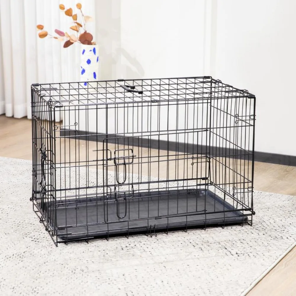 

Large Dog Crate with Divider Panel, 24''/36'' Double Door Folding Metal Wire Dog Cage with Plastic Leak-Proof Pan Tray, Travel