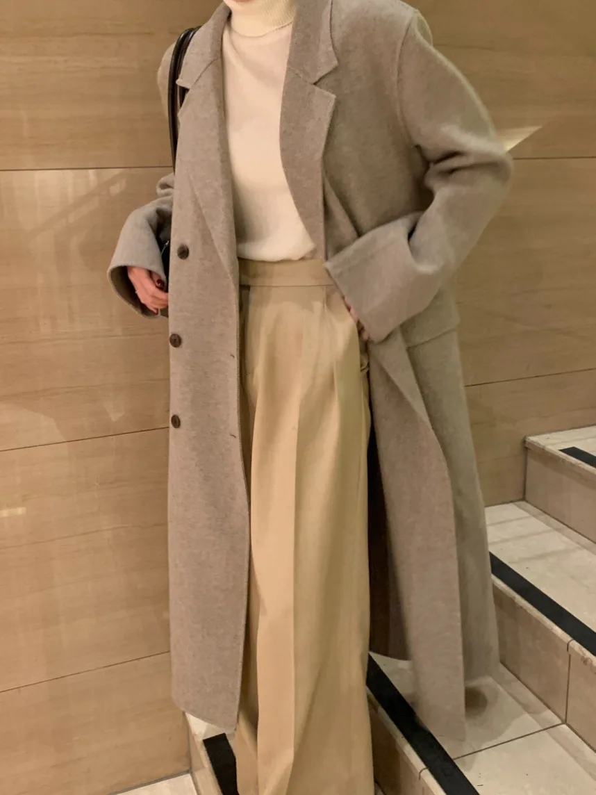 

Длинное шерстяное пальто, женский элитный костюм с воротником, свободная прямая двойная пуговица, осенне-зимняя шерстяная верхняя одежда для поездок на работу