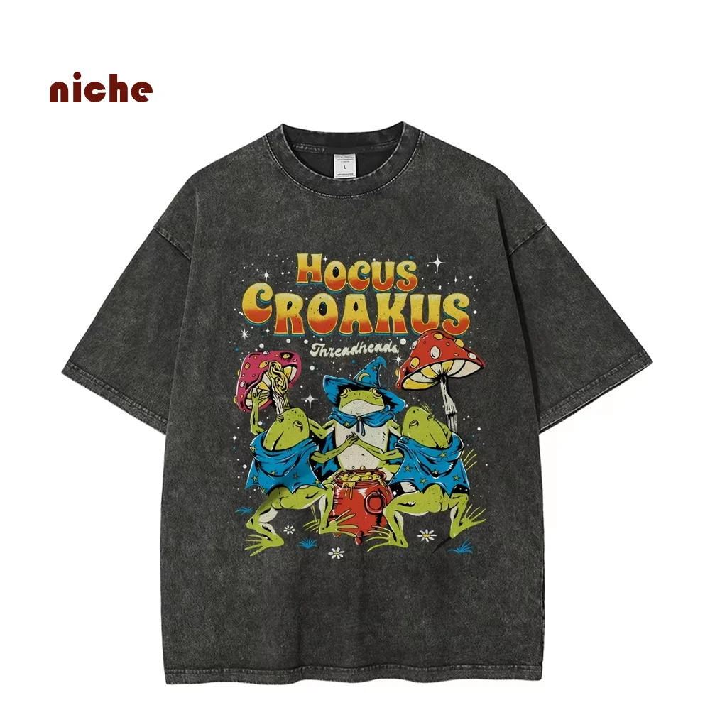

Funny Frog Mushroom Letter Print T-Shirt Contrasting Color Fashion Trend New 2024 Short Sleeve Round Neck Loose Oversize