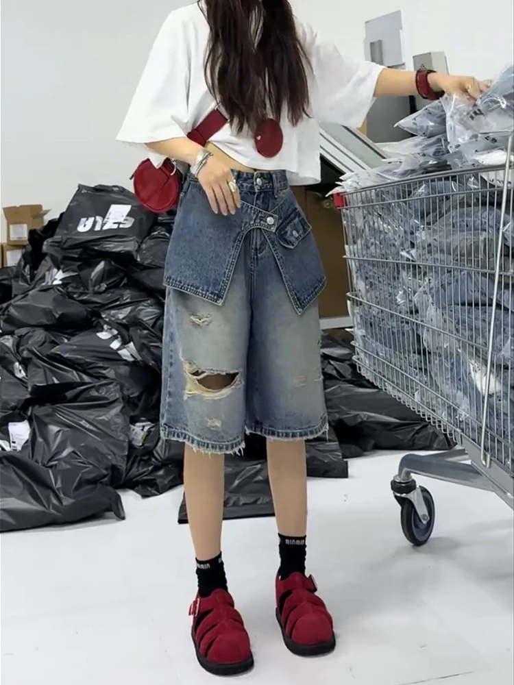 

Summer High Waist Fake Two Piece Fart Curtain Design American Style Vintage Loose Trendy Wide Leg Straight Leg Denim Shorts