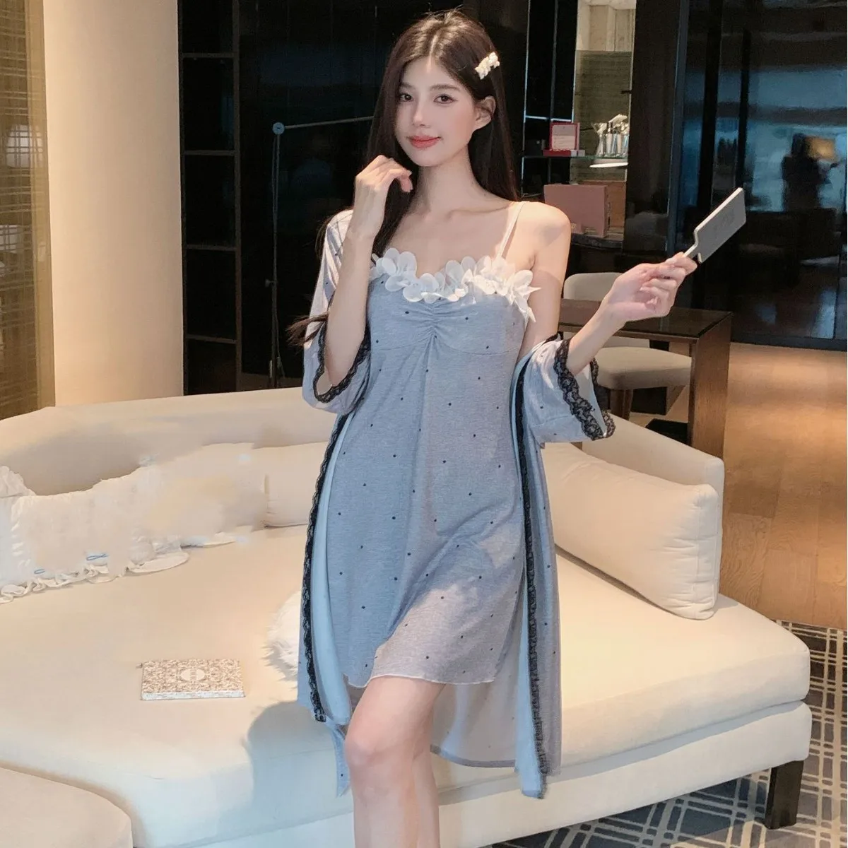 

Summer Sexy Polka Dot Twinset Robe Set Female Kimono Bathrobe Gown Sleepwear Nightgown Rayon Home Dress Lounge Wear