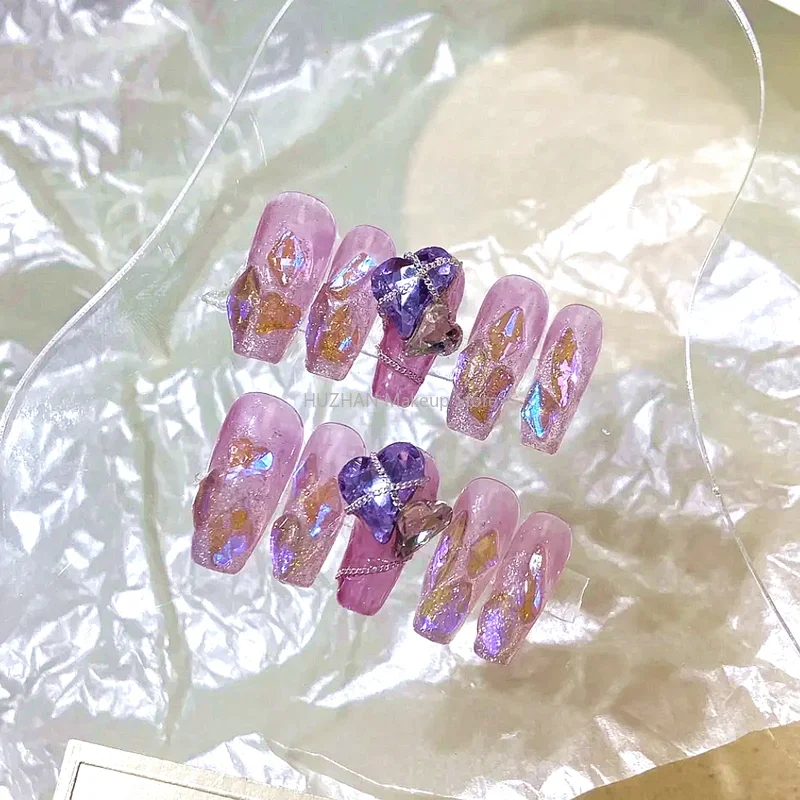 

Luxury Rhinestone Purple False Nails Y2K Press On Nails Tips Handmade Medium Length Coffin Reusable Acrylic Fake Nail With Glue