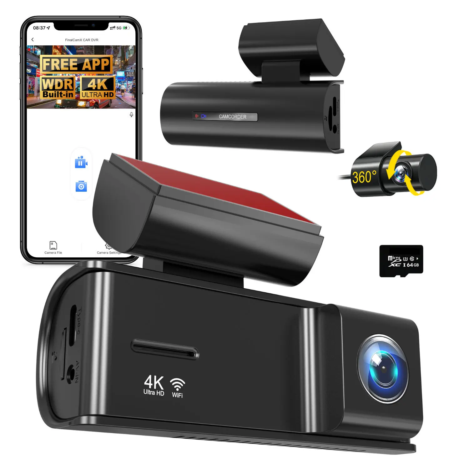 

4K Ultra HD Drive Recorder Dual Front Rear Lens Car Dash Cam Built in WiFi Loop Recording Audio Recording Parking Monitoring