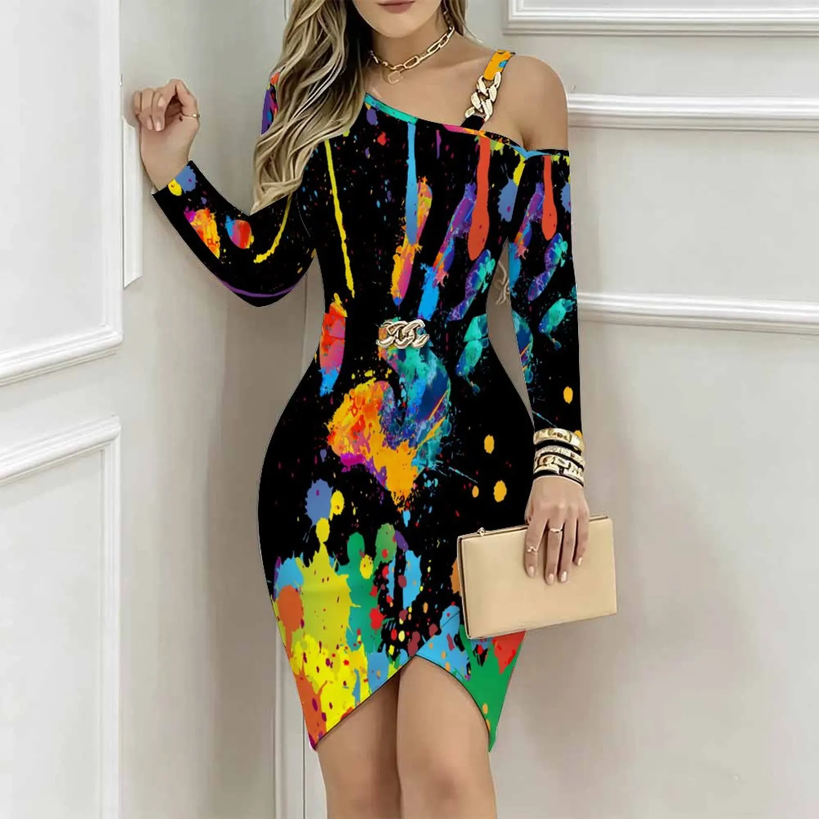 Women One Shoulder Bodycon Midi Dress Chain Strap Detail Metal Buckle Belt Irregular Split Hem Slim Fit Custom Print Part Dress
