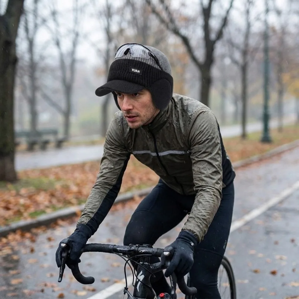Thermal Thick Men's Knit Hat Warm Windproof Cycling Beanie Duckbill Brim Polyester Ear Flap Hat Travel