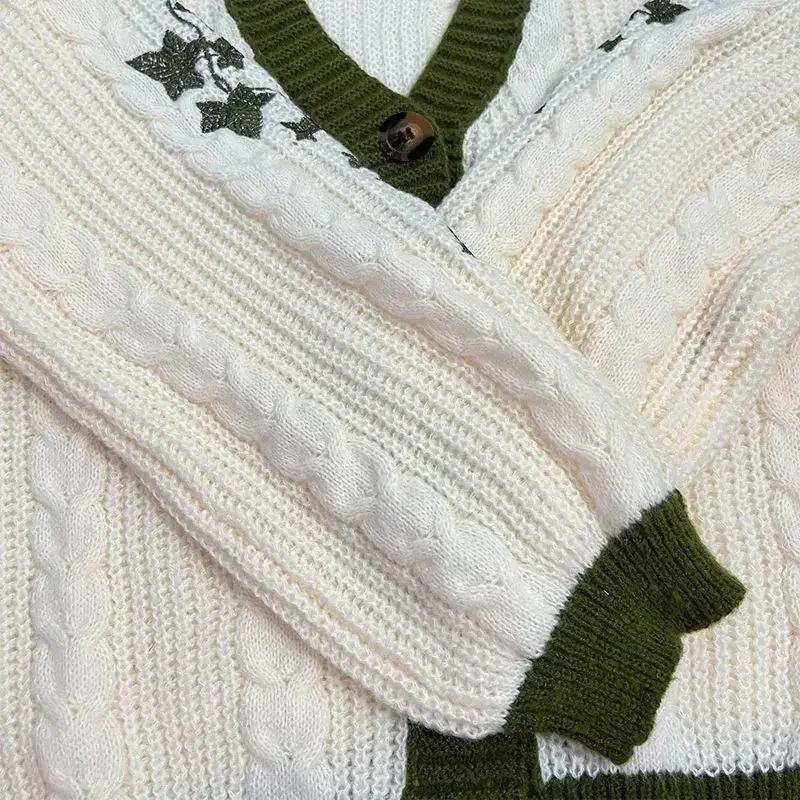 Cardigan Version Green Vine Embroidered Button Down Cable Knit Sweater Women Fall Winter Vintage Outfit