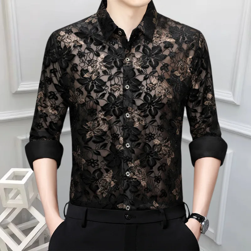 Chemise Homme Manche Longue Men Shirt Embroidery See Through Flower Shirts Men Business Casual Office Shirt Camisa Chemise Homme