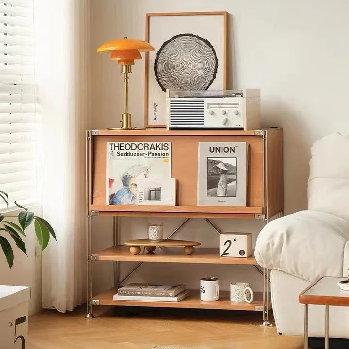 Solid wood rattan bookcase, glass locker, small apartment magazine cabinet, record storage, TV side cabinet