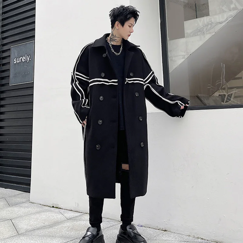 Striped Men\'s Cloth-trimmed Black Windbreaker Spring Autumn New Double-breasted Lapel fit Overcoat Casual Trench Coats