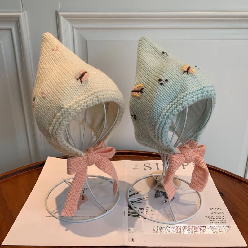 秋冬用防風ベビーガールニット帽、可愛らしいプリンセス刺繍入りカラーニット帽