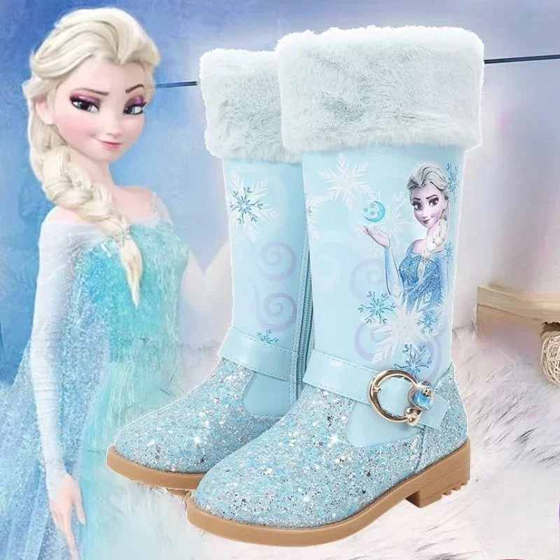 New Elsa Princess animation peripheral trendy boots in winter thickened and warm children's long outdoor soft-soled snow boots