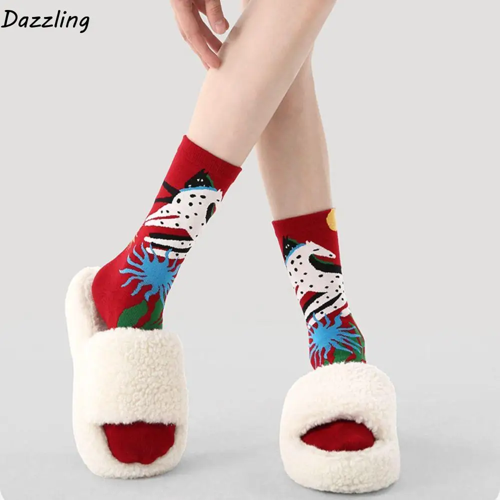 

3Pairs Winter Autumn New Year Tube Socks Mid Calf Comfortable Year of The Horse Socks Cartoon Good Luck Red Cotton Socks Gift