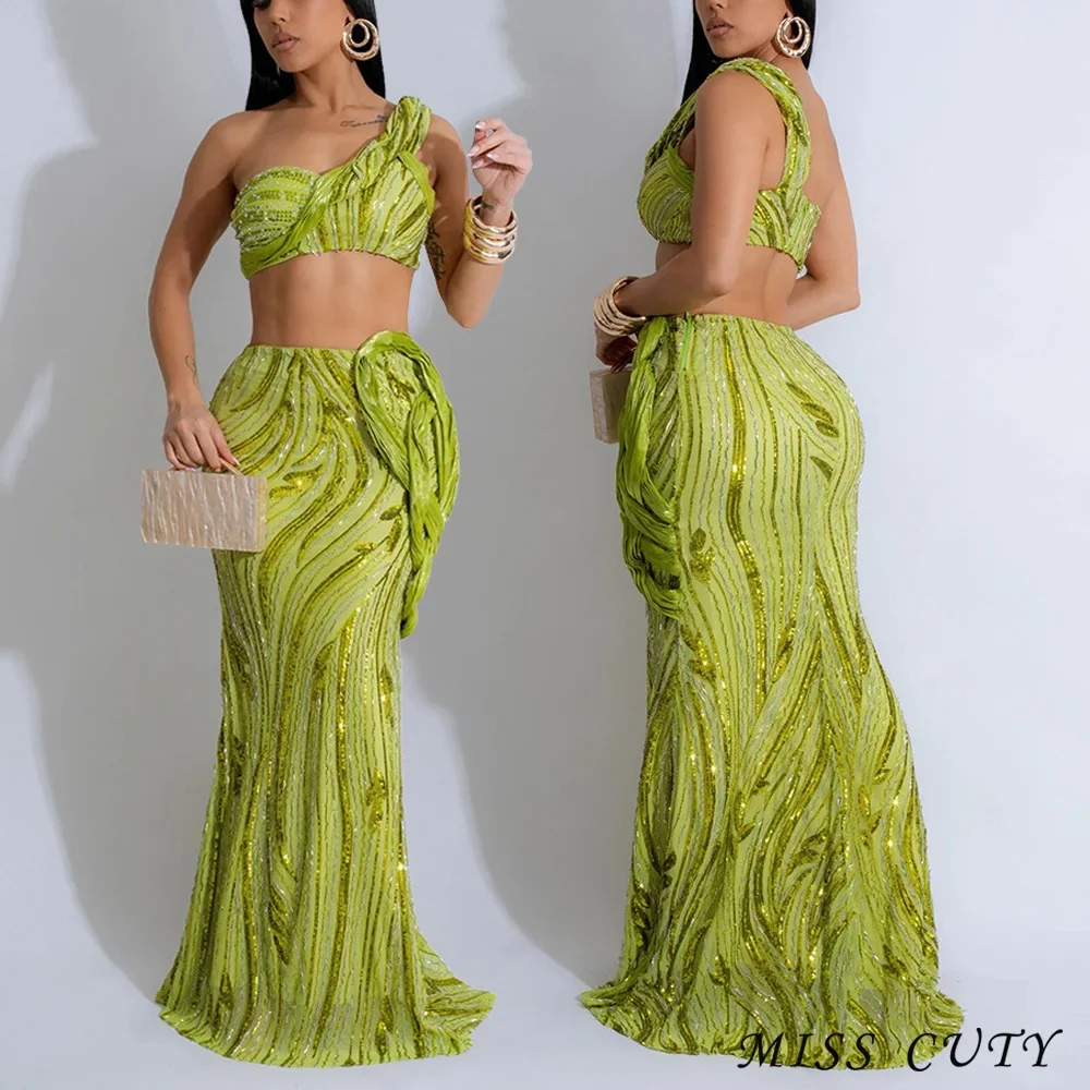 

Sequin Pleated Ruffle Dress irregular Tops 2 Piece Skirt Sets Women Sexy Elegant Maxi Beach Dress Crop Tops Two Piece Set Outfit
