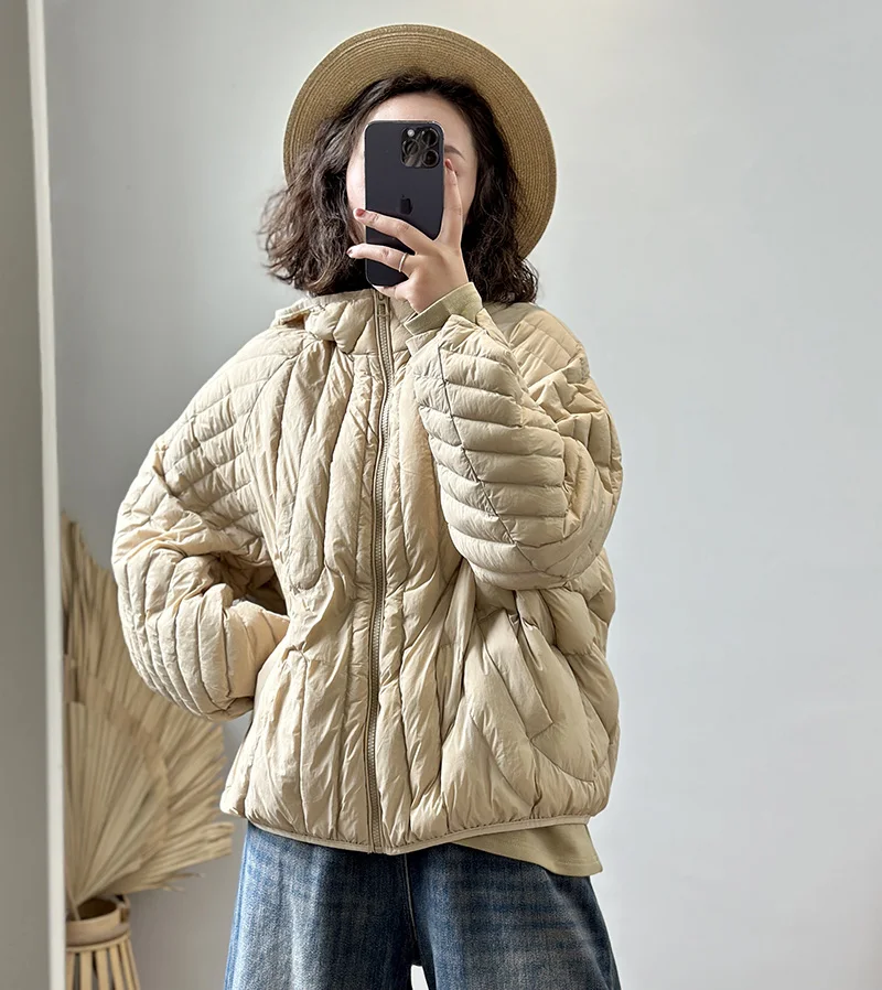 Schinteon Women Ultralight 90% White Duck Down Jacket Over Size Loose Casual Autumn Winter Outwear Vintage Coat Hood 2026 New
