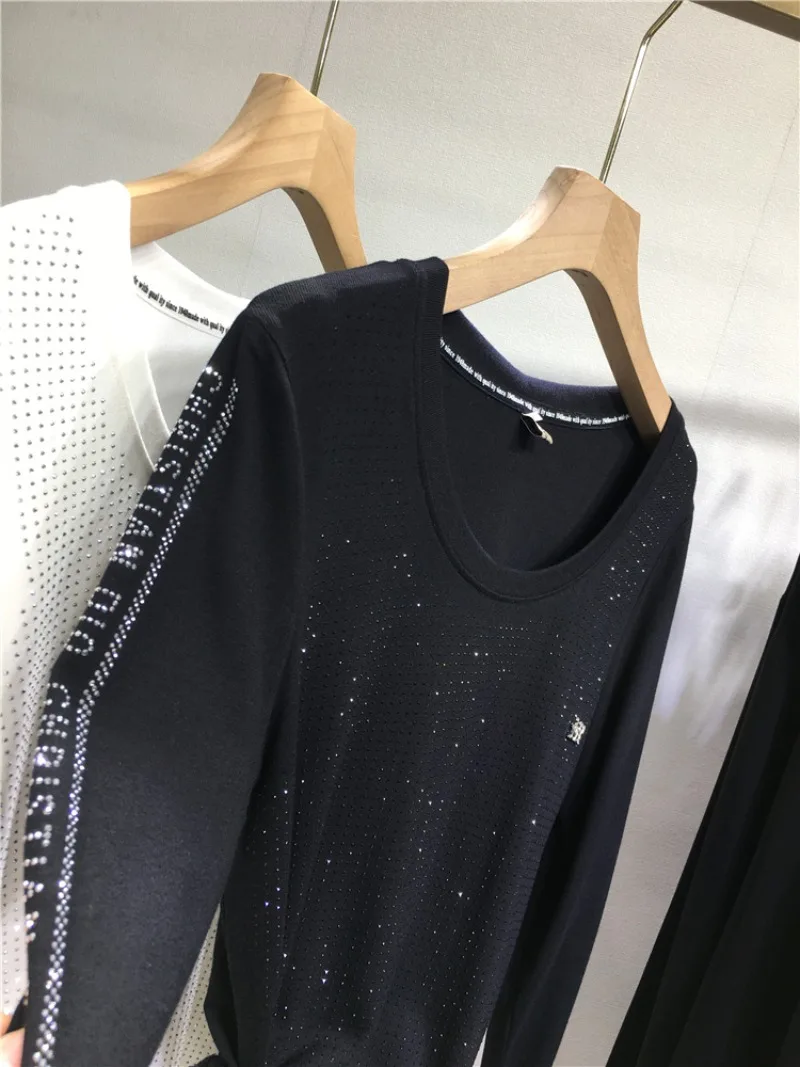 2024 Autumn and Winter New European Heavy Industry Hot Diamond Round Neck T-shirt Slim and Thin Long-sleeved Top For Women