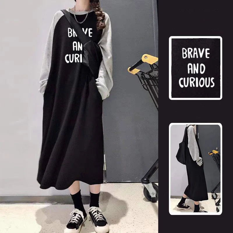 Fashion O-Neck Spliced Printed Letter Pockets Casual Dresses Women\'s Clothing 2023 Autumn Winter Oversized Commuter Midi Dress