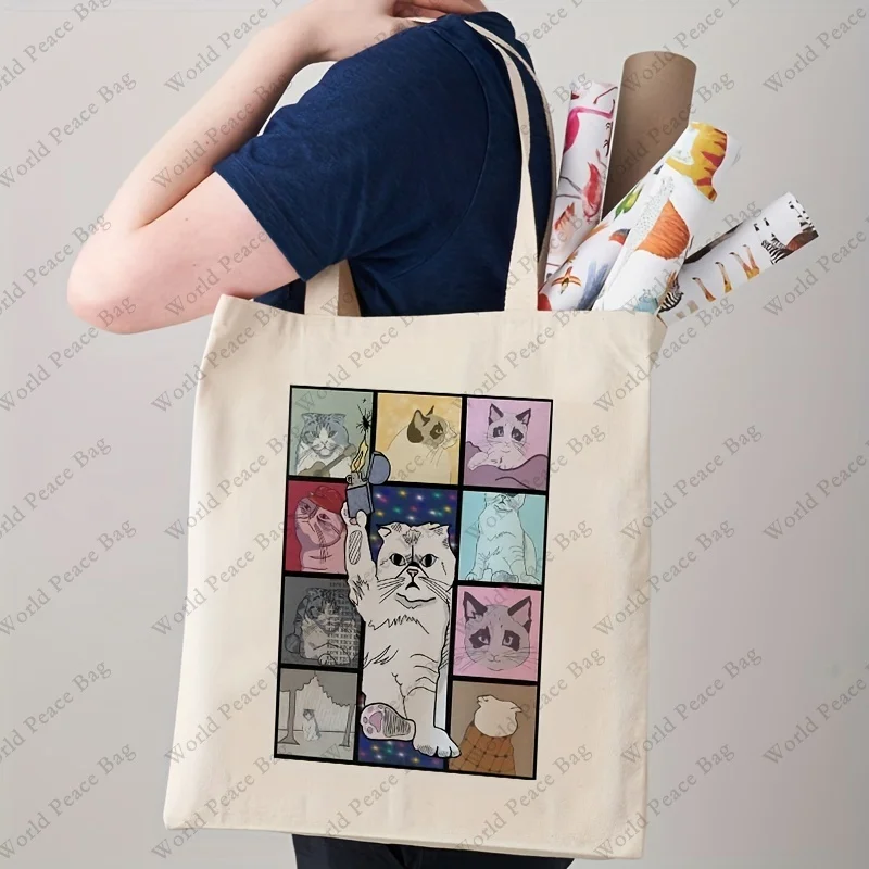 Cute Cartoon Cat Pattern Tote Bag Shopping Bag, Casual Canvas Shoulder Bag, Portable Storage Bag, Taylor merch Gift