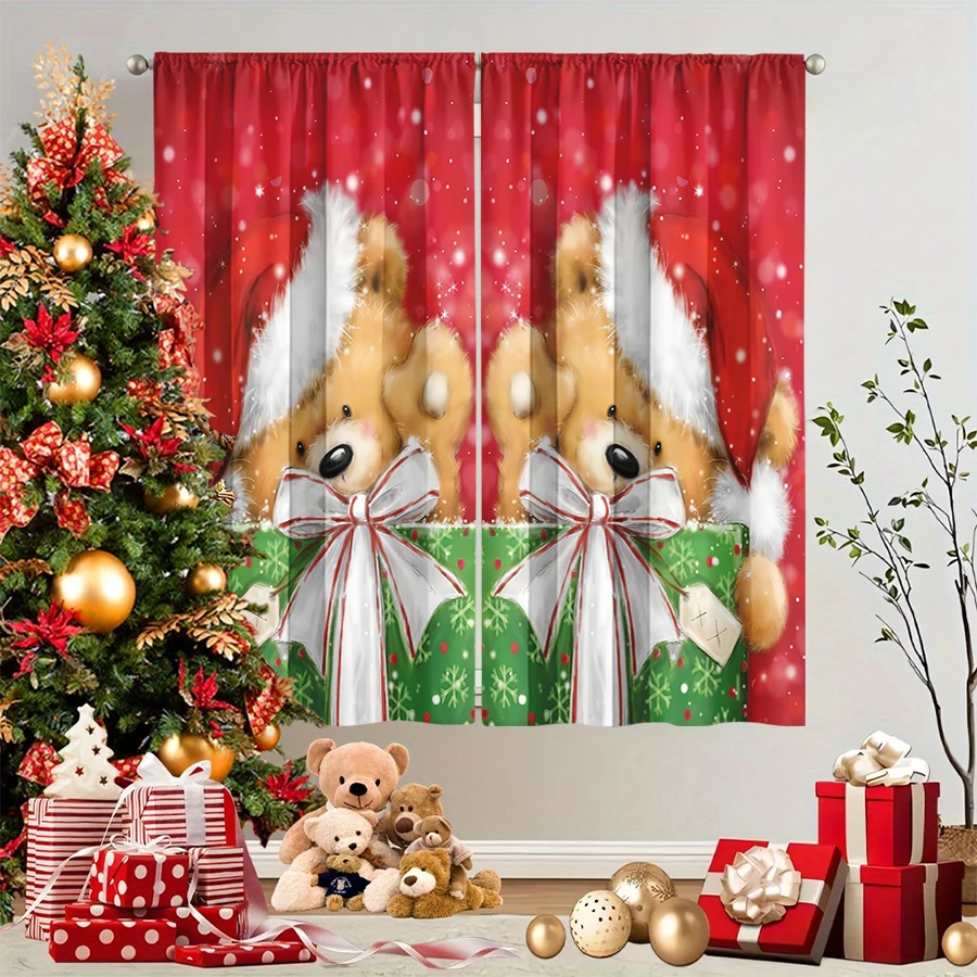 2PCS Christmas Winter Curtains, Teddy Bear Gift Box Santa Hat Red Cute, Digital Print, Bedroom Living Room, Home Decor