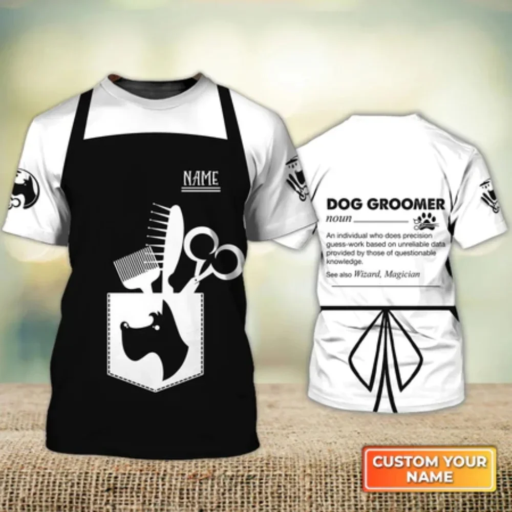 Dog Grooming Customized Name Casual Workwear T Shirt for Men Paws Graphic Personalized Male Groomer Uniform Short Sleeve Tops