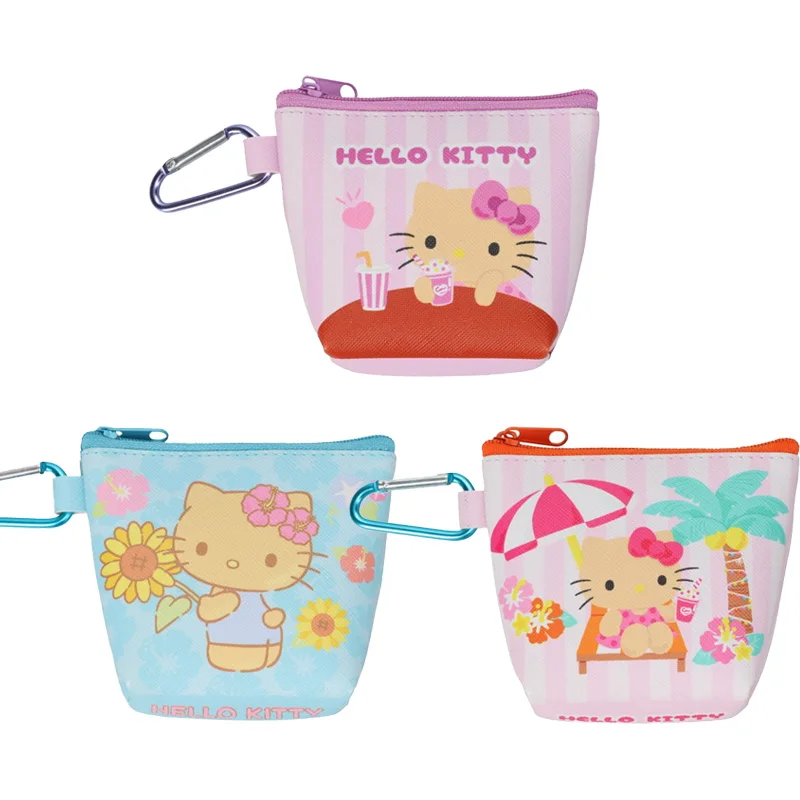 

Hello Kitty Mini Zippered Coin Purse Summer Beach Print My Melody Carabiner Storage Pouch Portable Earphones Storage Bag Gift