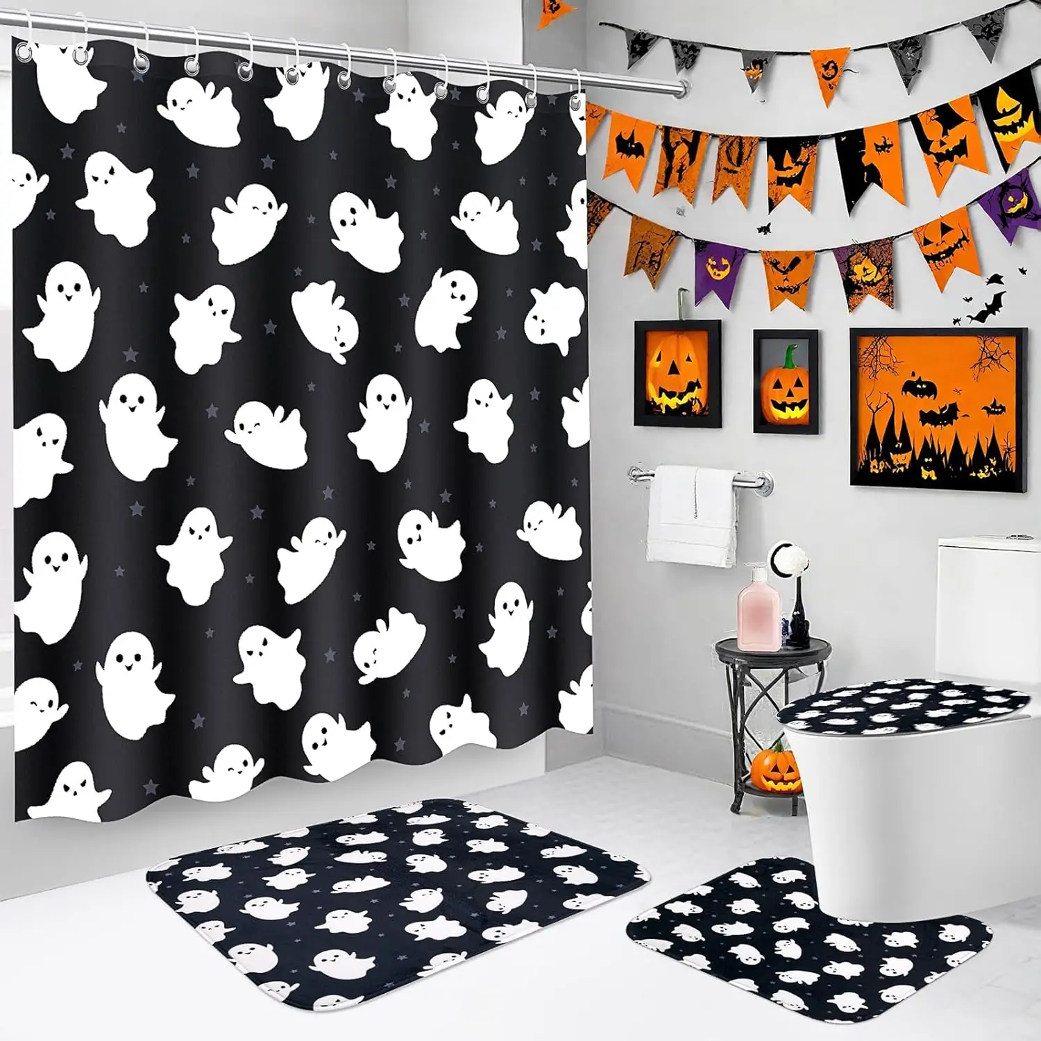 4 Pcs Halloween Shower Curtain Set - Black Ghost Shower Curtains Bathroom Decor with Rugs, Toilet Mat & Toilet Seat Covers Mat