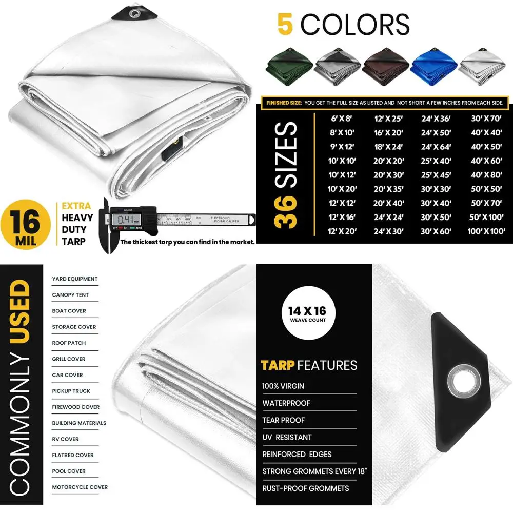 

Прочные водонепроницаемые УФ-стойкие полимерные тенты толщиной 16 мил, с усиленными краями, для кемпинга, патио, бассейна, лодки, белые, 24x30 футов