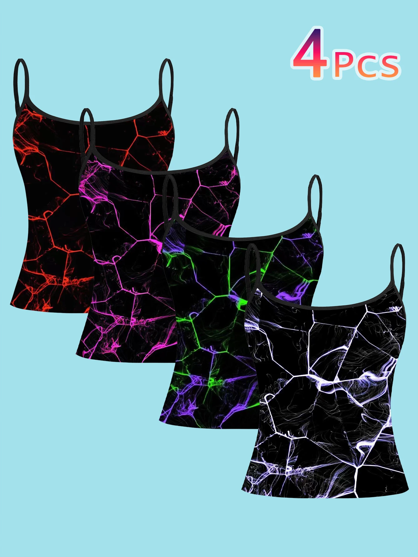 4-Piece Set of Colorful Lightning Crackle Fluid Print Camisoles, Black Base with Neon Color Lines, Women's Slim-Fit Spaghetti Strap Sleeveless Tops for Outerwear or Layering